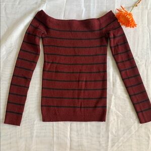 Striped Off-Shoulder Sweater - Burgundy and Black